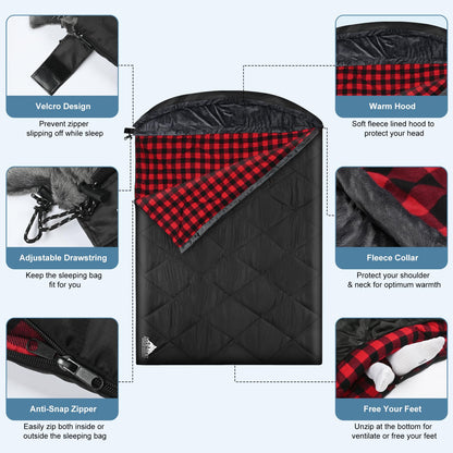 AGEMORE Cotton Flannel Double Sleeping Bag with Fleece Lined Hood, Waterproof Queen Size 2 Person Sleeping Bag for Adults Cold Weather Camping Backpacking or Hiking, 3-4season