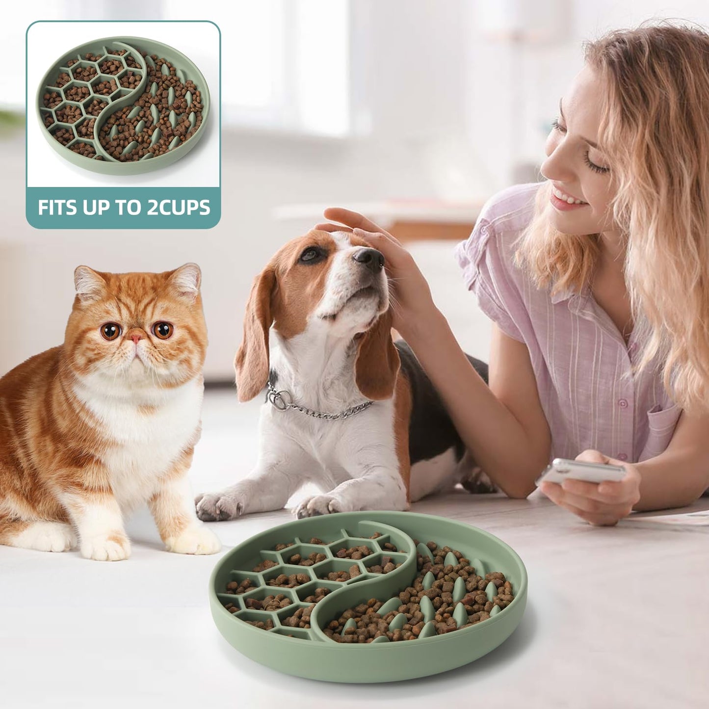 ZOURYNUA Slow Feeder Dog Bowls, Silicone Pet Food Bowls with Suction Cups, Non-Slip Dog Feeding Slow Down Pet Eating Speed for Fast Eaters, Anxiety Relief & Fun Added (Green)