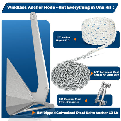 FUCNEN Boat Anchor Kit Hot Dipped Galvanized Steel Delta Anchor 13 Lb,1/2 Anchor Rope 150ft,1/4 G4 Galvanized Steel Marine Anchor Chain 15ft&Swivel,Windlass Anchor Rode-Rope/Chain Boat Anchor System