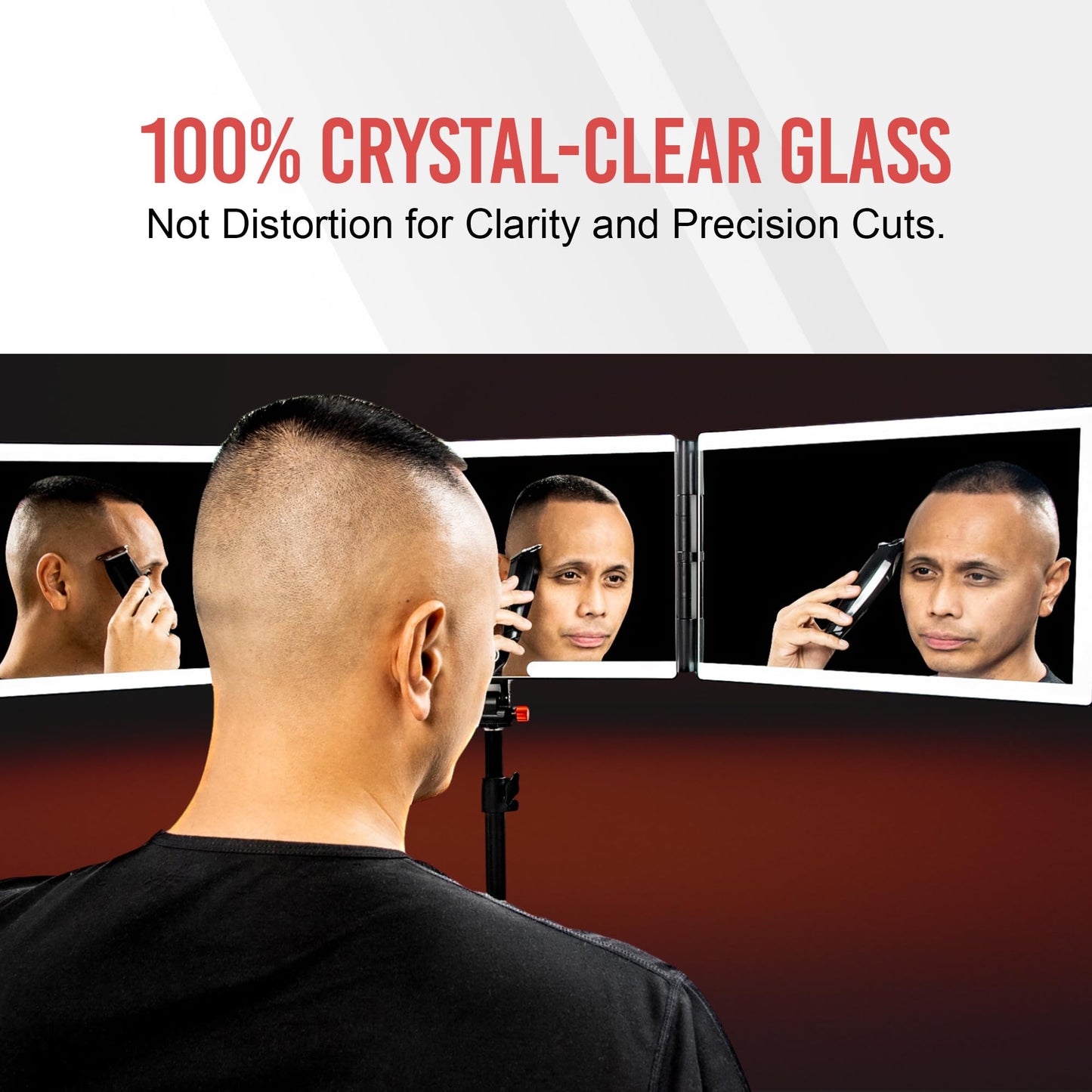 Self-Cut System Angel Lights Tripod - 3 Way Mirror for Self Hair Cutting - Includes Attachable Clipper & Trimmer Tray - Trifold Barber Mirror - Adjustable Height & Brightness - Travel-Friendly
