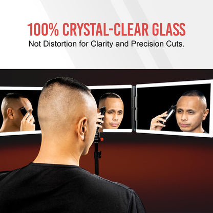 Self-Cut System Angel Lights Tripod - 3 Way Mirror for Self Hair Cutting - Includes Attachable Clipper & Trimmer Tray - Trifold Barber Mirror - Adjustable Height & Brightness - Travel-Friendly