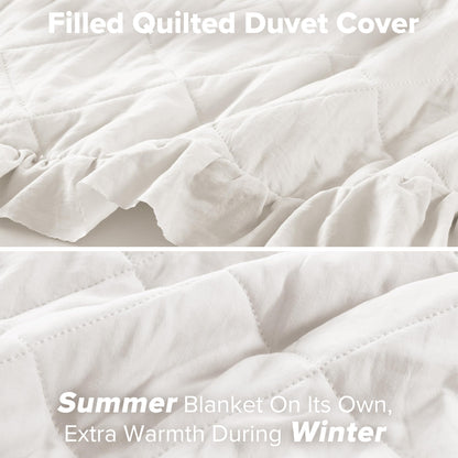 Comfort Spaces Ivory King Duvet Cover Set - 3 Pieces Ruffle Diamond Quilted Duvet Cover, All Season Lightweight, Cotton-Like Softness Pre-Washed Microfiber King Bedding Cover & Shams, King