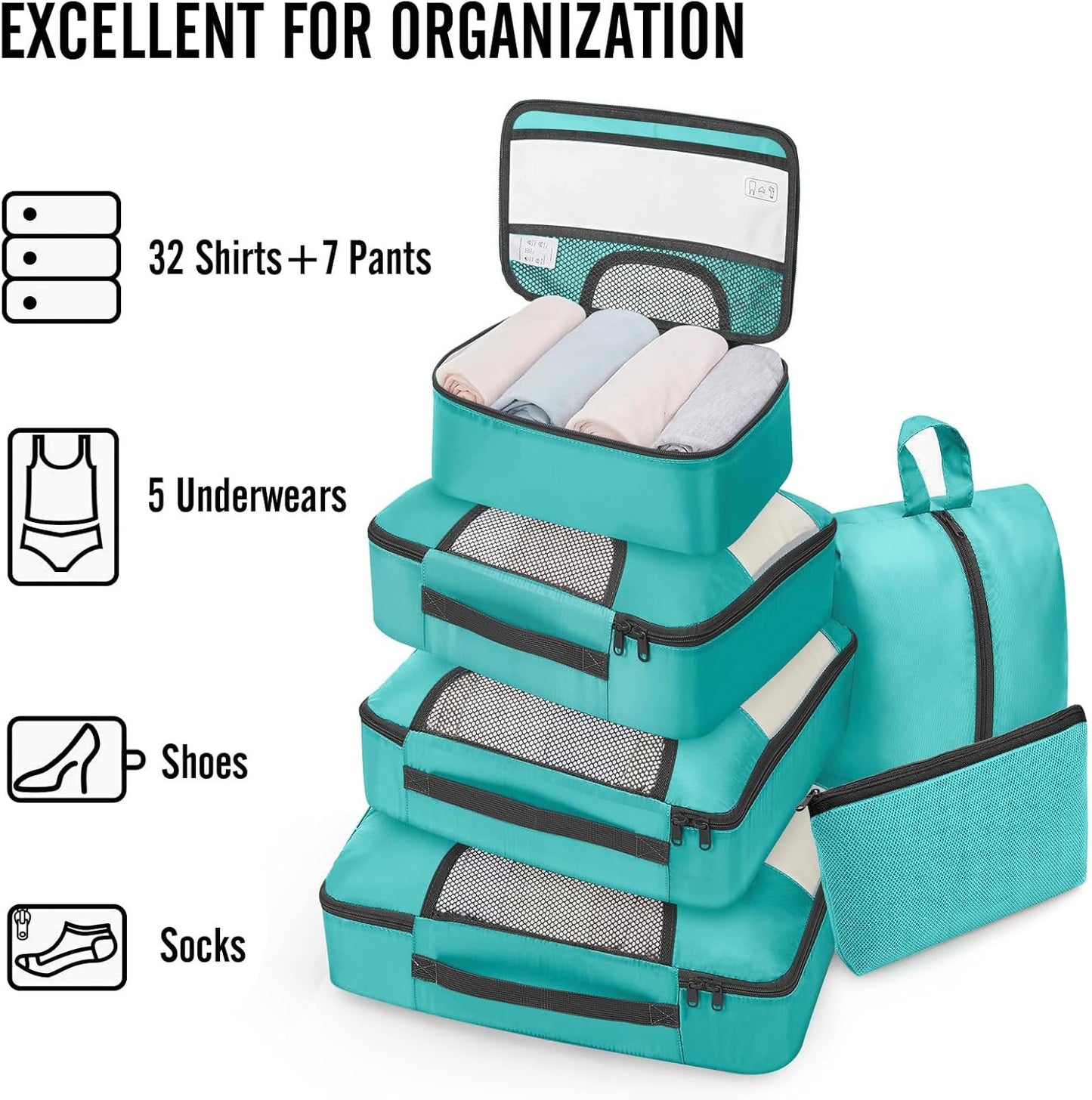 Veken Packing Cubes - Travel Organizer Bags Set with Large Laundry Bag & Passport Holder | 4 Sizes for Suitcase