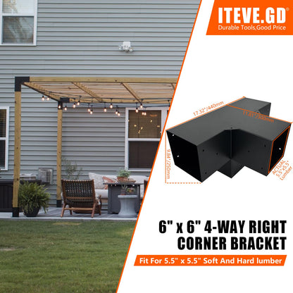 ITEVE.GD 2Pack Pergola DIY Bracket Kits 6x6,4-Way Right Angle Corner Post Brackets for 6"x6"(Actual:5.5"x5.5") Wood Beams,Heavy Duty Metal Brackets for Outdoor Pavilion,Proch,Log Cabin