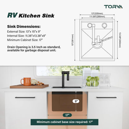 TORVA RV Kitchen Sink, 13 x 15 x 9 Inch Undermount Bar Sink Premium Stainless Steel Single Bowl Sink with Faucet,Cutting Board, Dark Grey