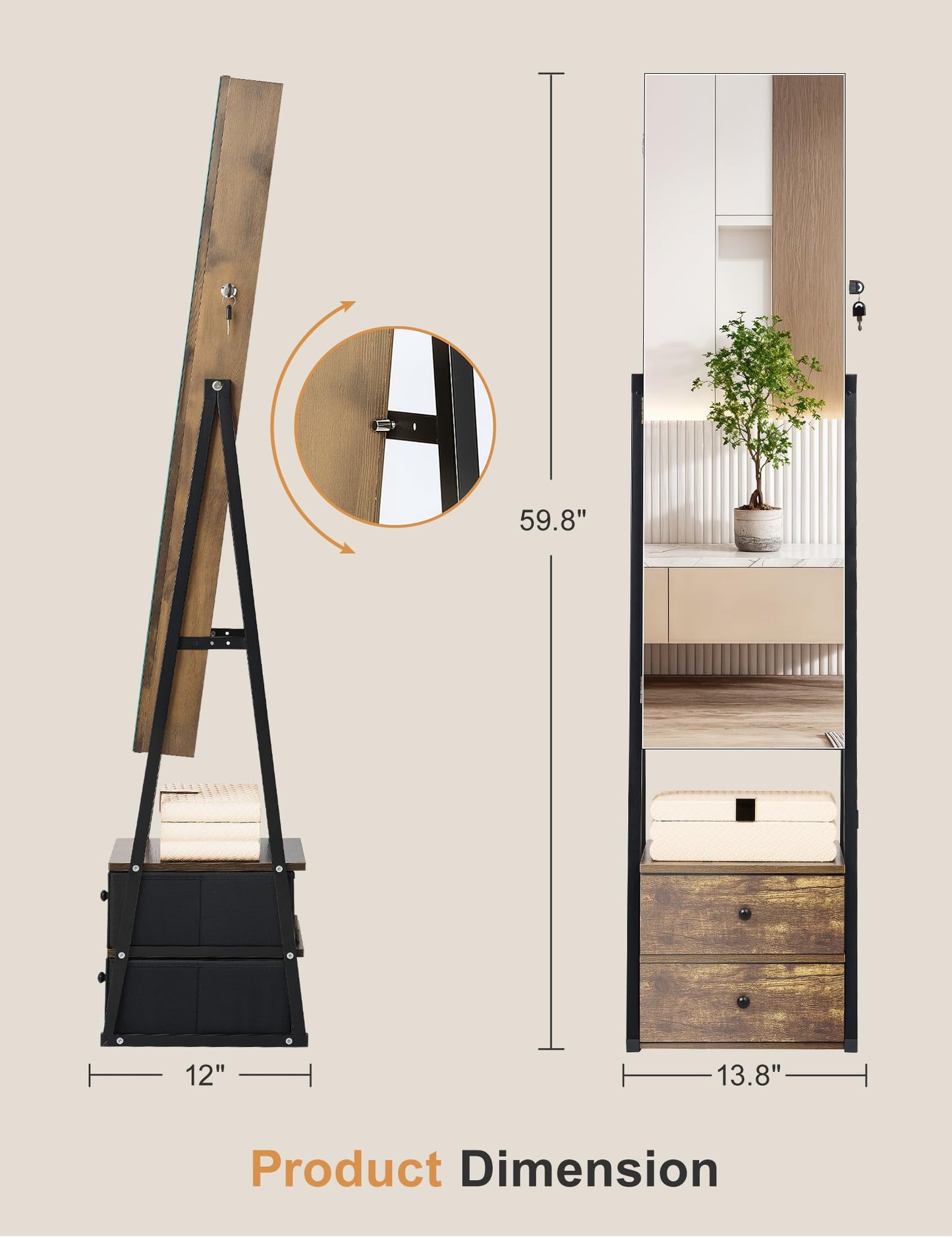 Nicetree Jewelry Cabinet,Standing Jewelry Mirror with Storage, Mirror Jewelry Armoire with 2 Drawers, Full Length Mirror with Lock, Shelf, Polishing Cloth,Wood Grain Brown