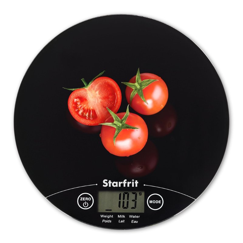 Starfrit Digital Kitchen Scale - Glass Platform - Measures Weight and Liquid Volume - 11 lb / 5 kg Capacity - Black