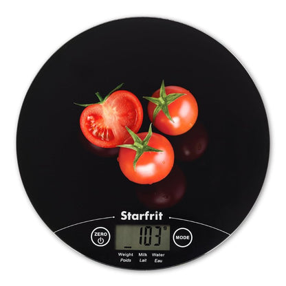 Starfrit Digital Kitchen Scale - Glass Platform - Measures Weight and Liquid Volume - 11 lb / 5 kg Capacity - Black