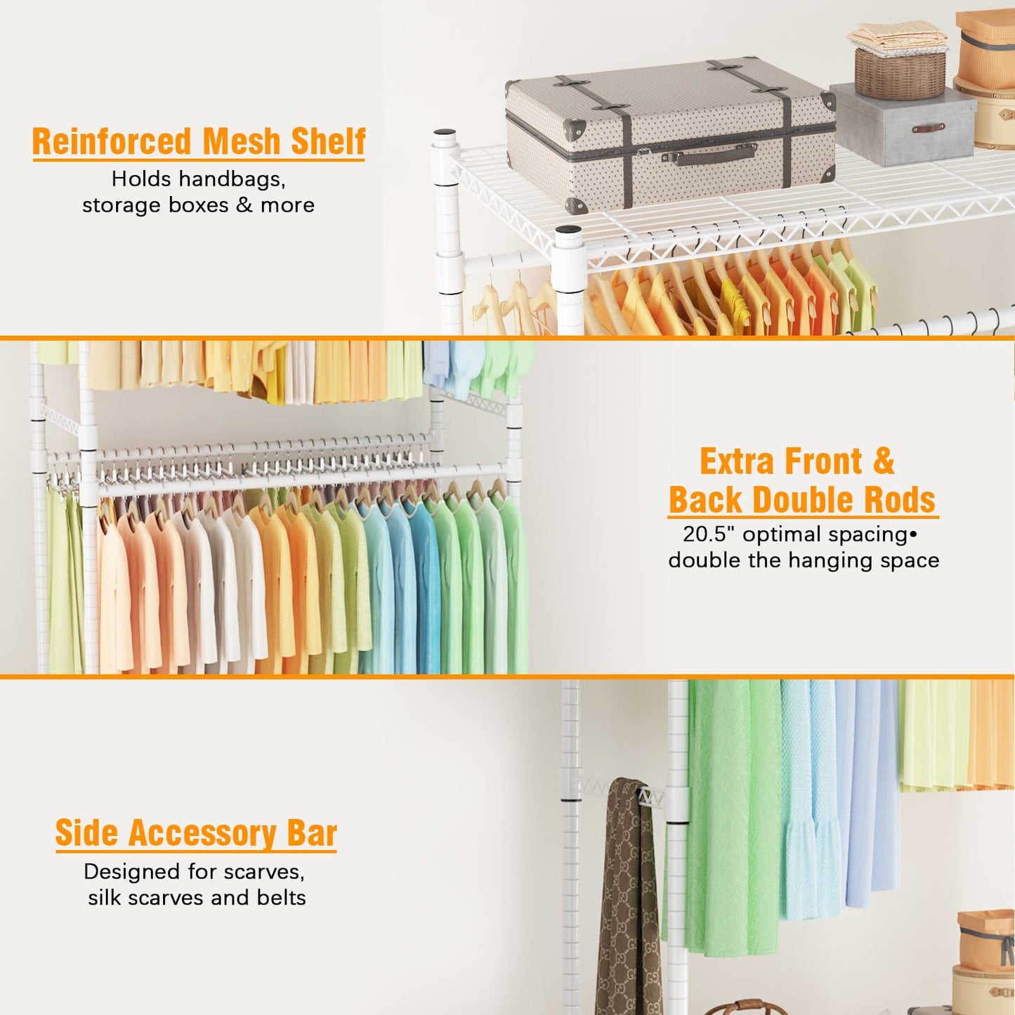Himimi Double Rods Clothes Rack Heavy Duty,Adjustable Metal Garment Rack with Wheels,Portable Clothing Rack for Hanging Clothes, Closet Rack for Bedroom Laundry Room, 45" W×20.5" D×80.5" H, White