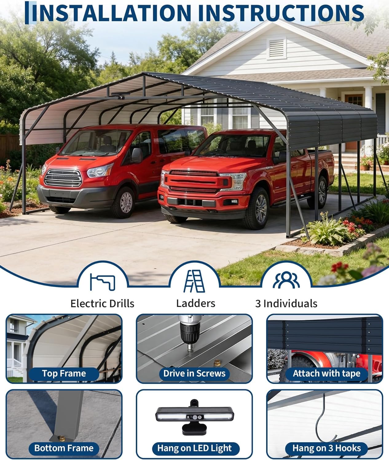 Garvee 20x20ft Heavy Duty Metal Carport, 2-Car Carport Kit with Solar Lights, RV Boat Trailer Steel Garage Shelter, Durable Color Steel Roof
