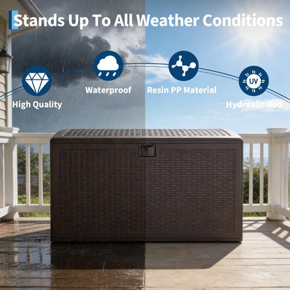 120 Gallon Waterproof Large Resin Deck Box Indoor Outdoor, Lockable Storage Container for Patio Furniture Cushions, Throw Pillows, Garden Tools, and Pool Floats, Brown