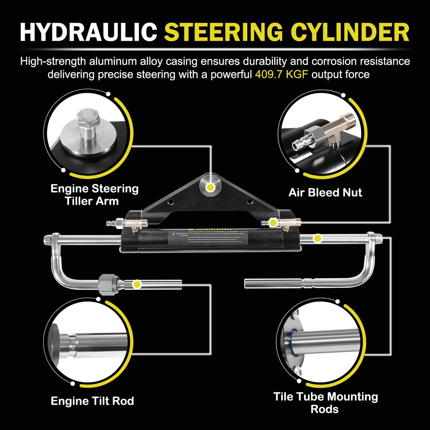 Hydraulic Steering Kit 150HP for Outboard Boat Engines -409.7kgf Output,26.8ft Cuttable Hose,6.9MPa Helm, Dual-Lock Cylinder -For Yamaha/Mercury/Honda/Suzuki/Single Engine Outboards,For 3/4" Tilt Tube