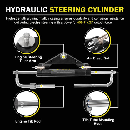 Hydraulic Steering Kit 150HP for Outboard Boat Engines -409.7kgf Output,26.8ft Cuttable Hose,6.9MPa Helm, Dual-Lock Cylinder -For Yamaha/Mercury/Honda/Suzuki/Single Engine Outboards,For 3/4" Tilt Tube