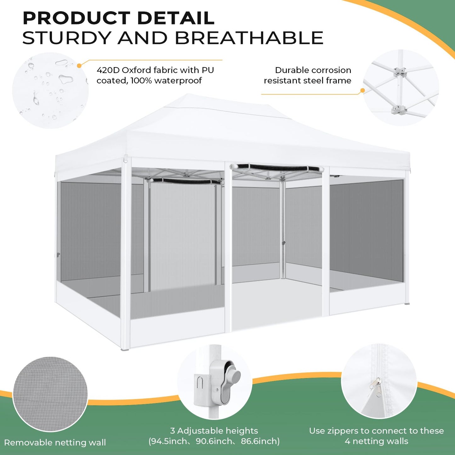COBIZI 10x15 Heavy Duty Pop Up Canopy with 4 Sidewalls, Commercial Gazebo Party Tent with Mosquito Netting Wall Easy Set Up Outdoor Instant Screen Tent for Backyard, Patio, Garden, White