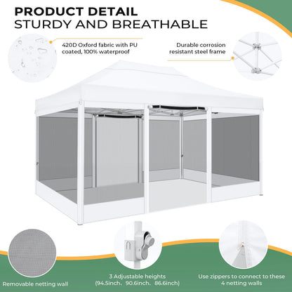 COBIZI 10x15 Heavy Duty Pop Up Canopy with 4 Sidewalls, Commercial Gazebo Party Tent with Mosquito Netting Wall Easy Set Up Outdoor Instant Screen Tent for Backyard, Patio, Garden, White
