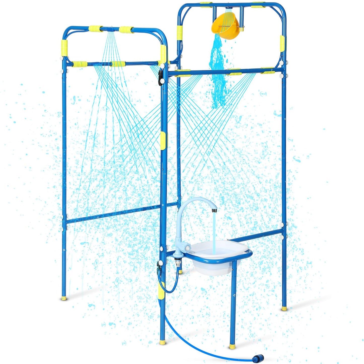 THISWUW Backyard Waterpark for Kids, Heavy-Duty Steel Water Park Sprinkler Toy Game with Splash Buckets, Collapsible Wash Basin & Water Faucets, Water Play Activities Outdoor Summer Toys