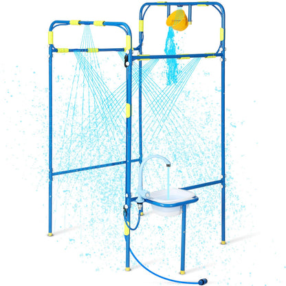 THISWUW Backyard Waterpark for Kids, Heavy-Duty Steel Water Park Sprinkler Toy Game with Splash Buckets, Collapsible Wash Basin & Water Faucets, Water Play Activities Outdoor Summer Toys
