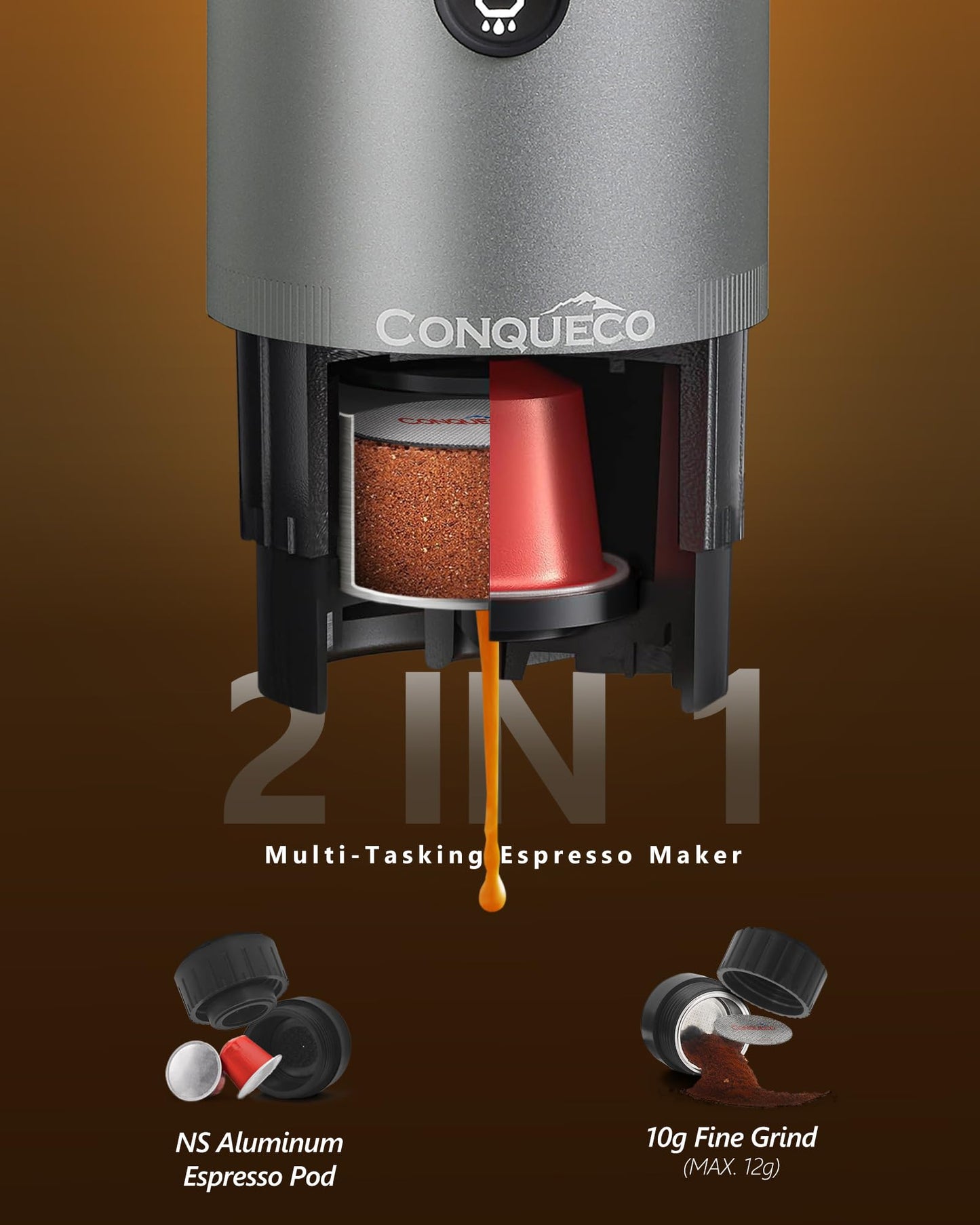 CONQUECO Portable Espresso Machine Travel: 12v Car Coffee Maker with Battery for Camping - Small Electric - 2.5 Mins Heating - Set With Ground Coffee & NS Capsule & Handbag for RV, Hiking, Office
