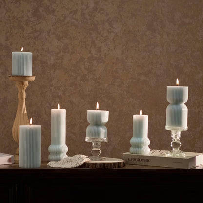 MOZEAL Hand-Poured Classic Ribbed Soy Pillar Candles Set of 3 - Decorative Baby Blue Unscented Dripless Smokeless (3"x4",6",8") 300 Hr Burn - Timeless Home Décor
