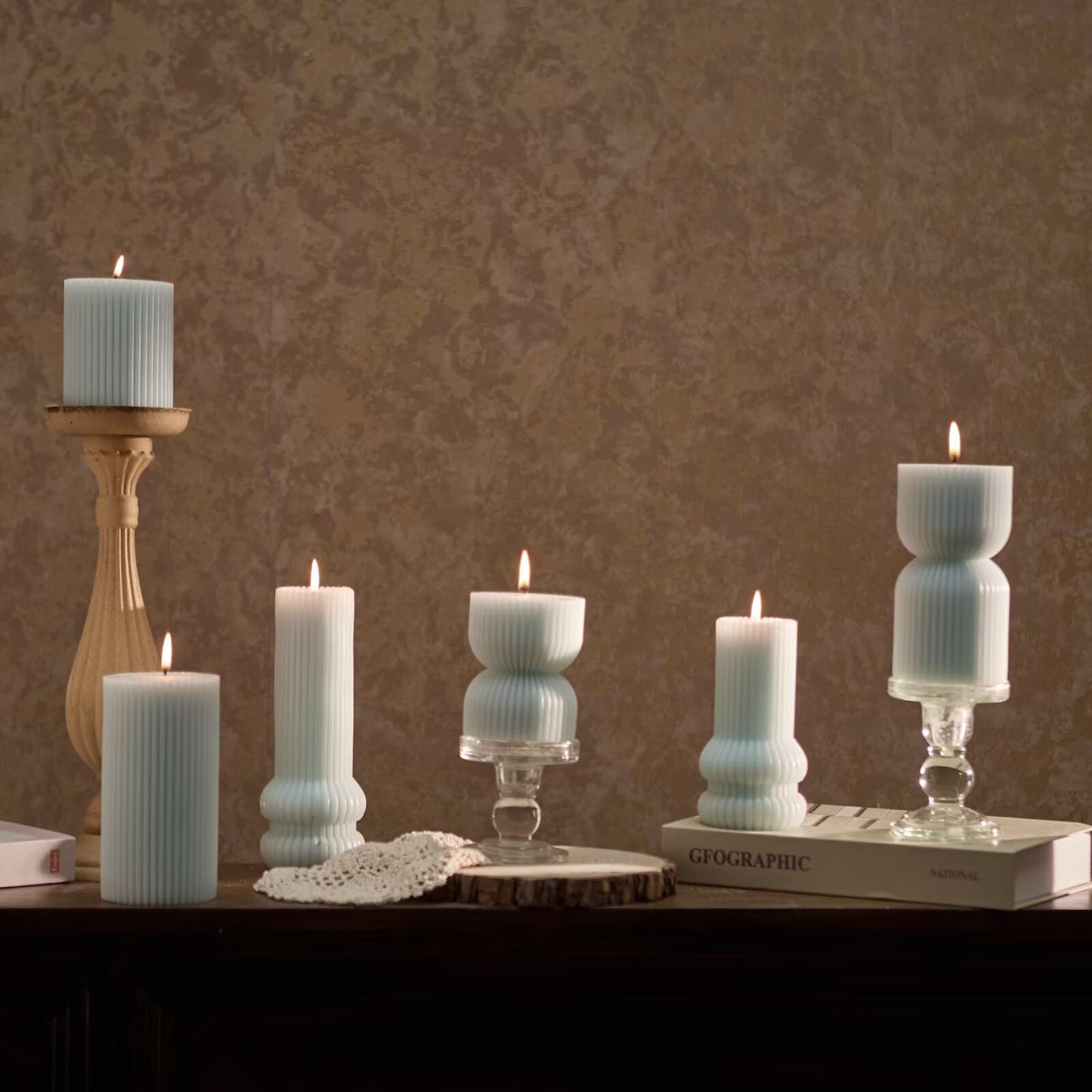 MOZEAL Hand-Poured Curved Ribbed Soy Blend Pillar Candles Set of 3 - Decorative Baby Blue Unscented Dripless Smokeless (3x4,6",8") 300 Hr Burn - Cozy Ambiance