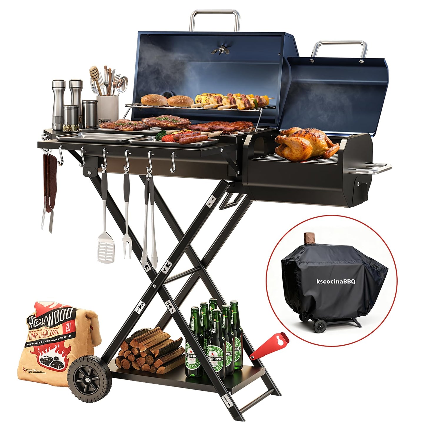 kscocinaBBQ Portable Charcoal Grill with Smoking Function, Foldable Suitcase Design with Wheels, Multi-Tier Storage Rack & Waterproof Cover for Outdoor BBQ Parties (Blue)