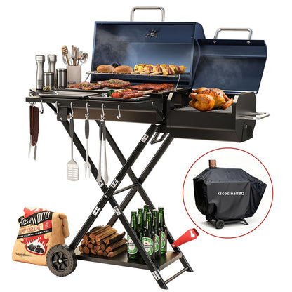 kscocinaBBQ Portable Charcoal Grill with Smoking Function, Foldable Suitcase Design with Wheels, Multi-Tier Storage Rack & Waterproof Cover for Outdoor BBQ Parties (Blue)