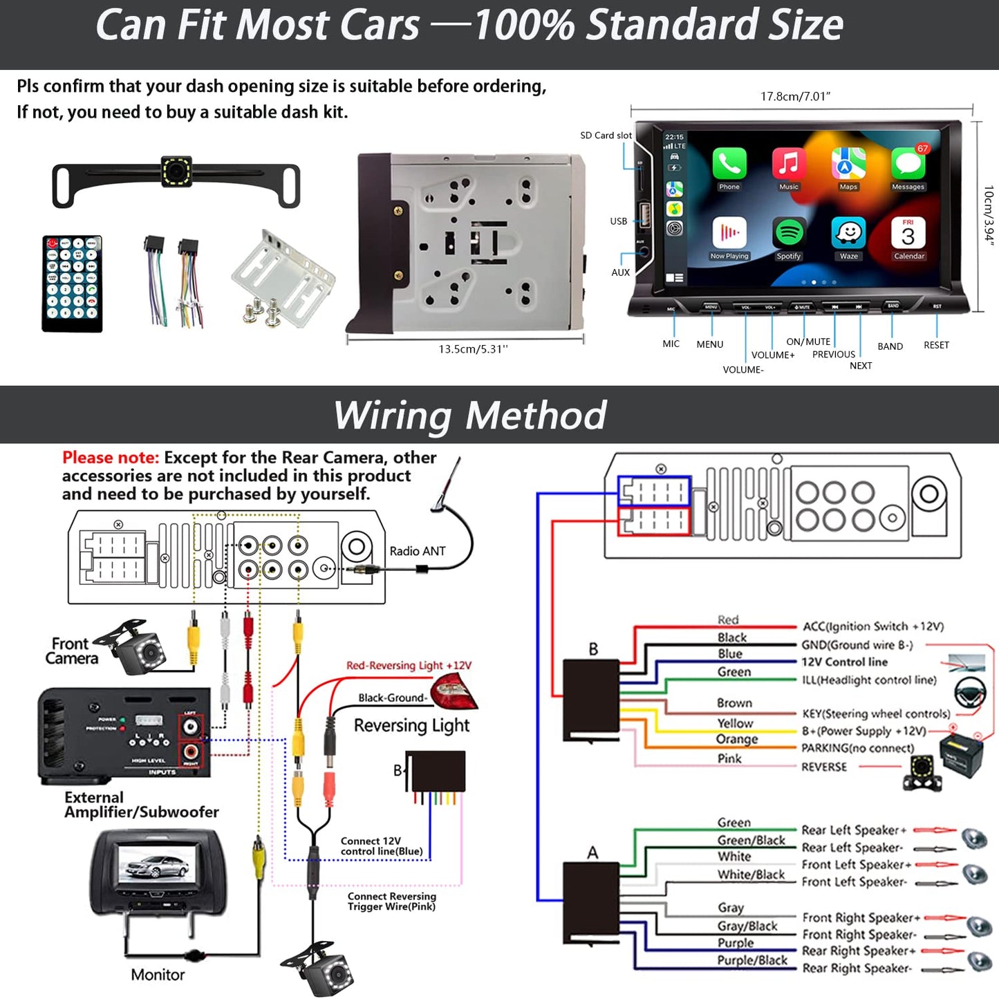 7 Inch Double Din Car Stereo Support Apple CarPlay Android Auto Mirror Link Capacitive Touchscreen Monitor Car Play Radio with Bluetooth 5.0, FM Radio, USB/TF/AUX Port, Backup Camera, Remote Control