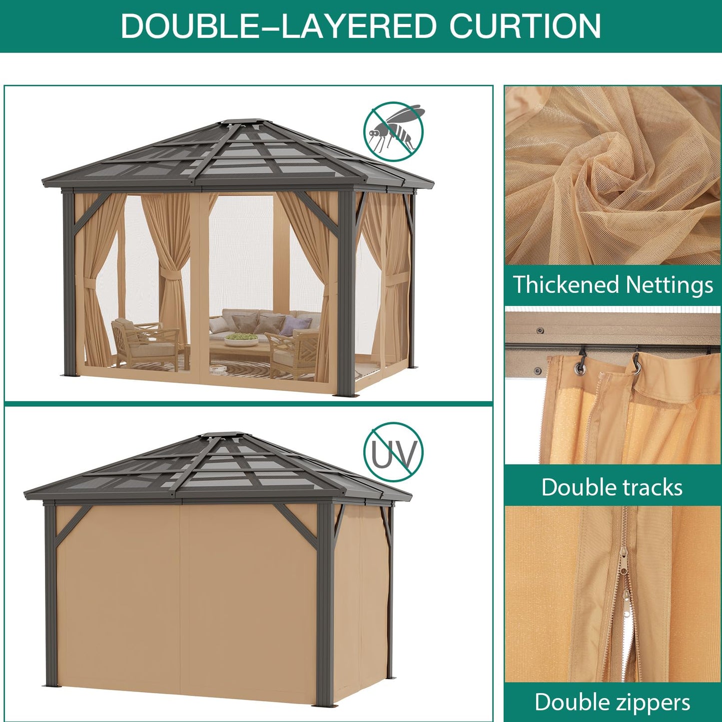 10'x12' Hardtop Gazebo, Outdoor Polycarbonate Single Roof Canopy, Aluminum Frame Permanent Pavilion with Curtains and Netting, Sunshade for Garden, Patio, Lawns