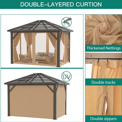 10'x12' Hardtop Gazebo, Outdoor Polycarbonate Single Roof Canopy, Aluminum Frame Permanent Pavilion with Curtains and Netting, Sunshade for Garden, Patio, Lawns