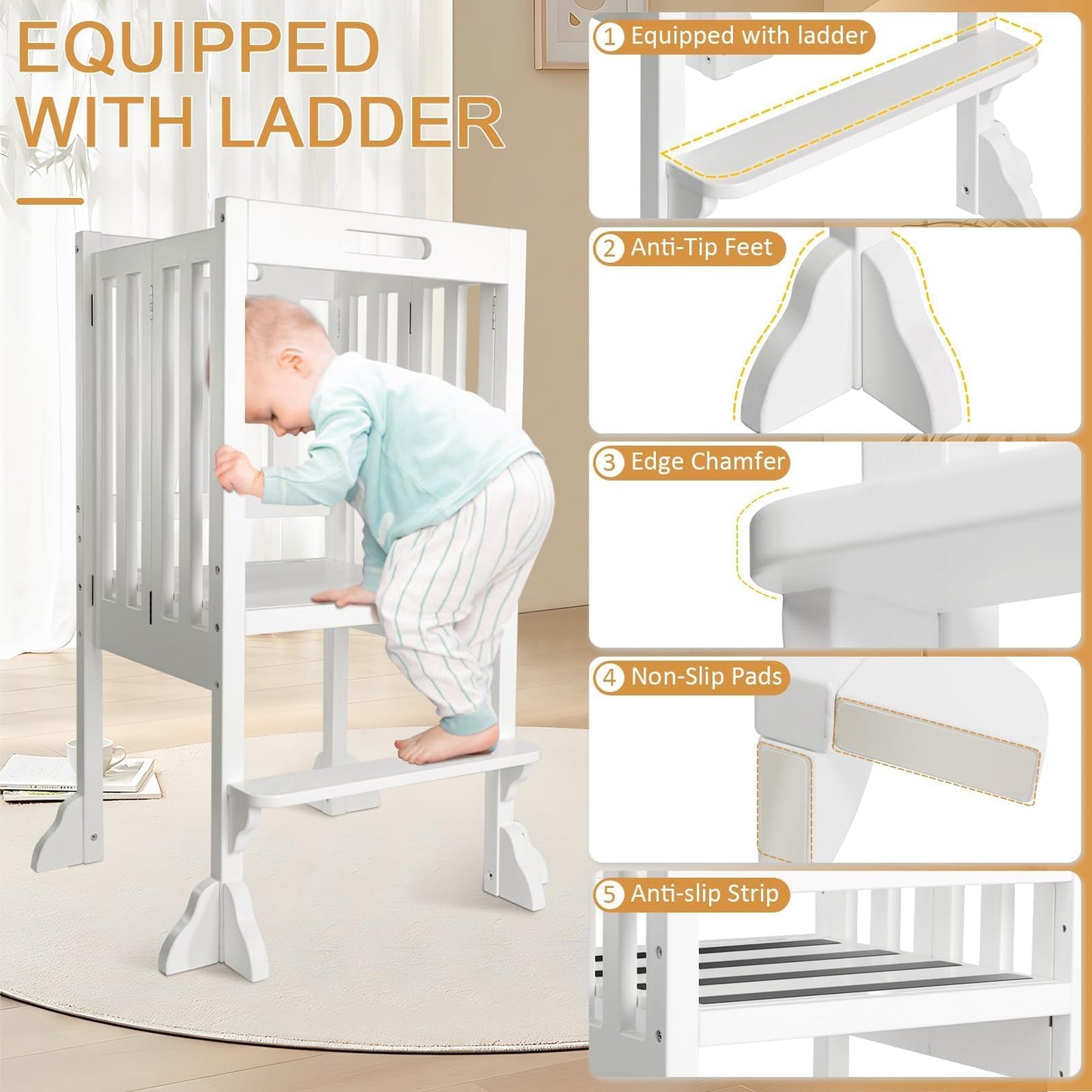 Kitchen Step Stool Helper - WOOD CITY Montessori Foldable Toddler Standing Tower for Toddlers with Safety Rail Height Adjustable Ideal Helper for Learning New Skills Natural Pine Wood (White)