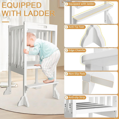 Kitchen Step Stool Helper - WOOD CITY Montessori Foldable Toddler Standing Tower for Toddlers with Safety Rail Height Adjustable Ideal Helper for Learning New Skills Natural Pine Wood (White)
