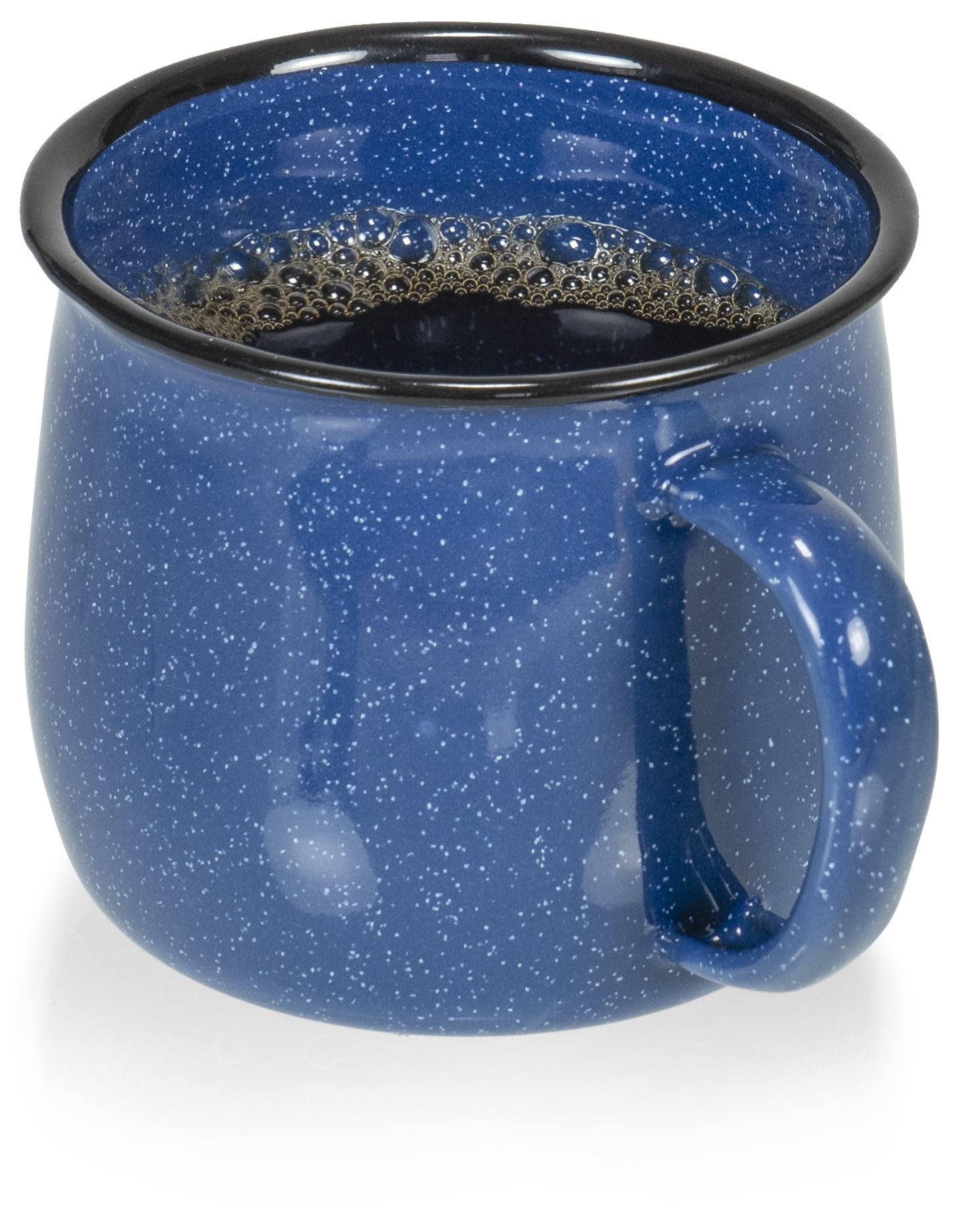 Red Co. Set of 4 Enamelware Metal 12 Oz Round Camping Coffee Mugs with Handle, White-Speckled Blue/Black Rim