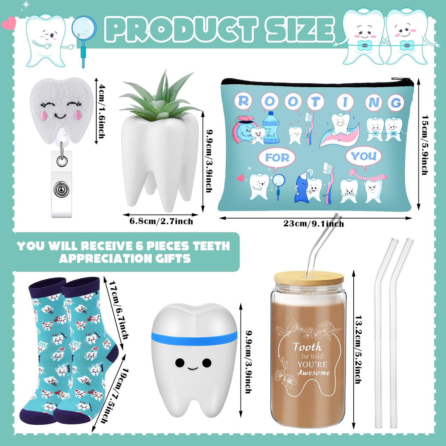 Pickmesh 6 Pcs Nurse Week Appreciation Gifts Dentist Hygienist Gifts 16 oz Glass Cups with Lid Makeup Bag Socks Badge Holder Tooth Brush Pot for Women Doctor Nurse Appreciation Accessories(Blue)