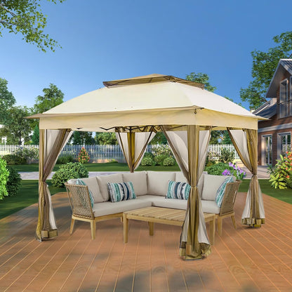 Solaroxy 10' x 10' Pop Up Gazebo Tent, Outdoor Screen Canopy Shelter, Instant Patio Sun Shade Gazebo Tent with 2 Tiers Roof & Mesh Netting for Garden, Lawn, Backyard, Party, Beige