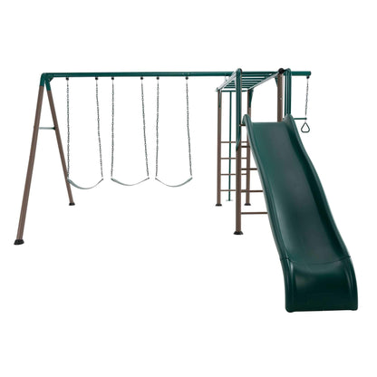 Lifetime Monkey Bar Adventure Swing Set, Outdoor Playset with Monkey Bars, 3 Swings, Trapeze Bar, Slide, Fireman’s Pole, UV‑Resistant Powder‑Coated Steel, Backyard Playground for Kids