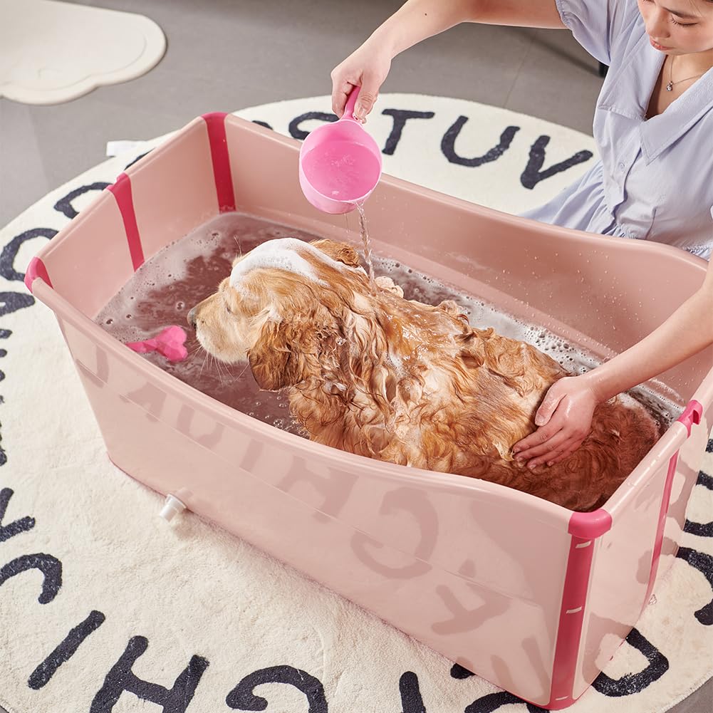 Minandhua Portable Dog Bathtub for Large Dogs - 48.4Gal Foldable Pet Wash Station with Drain Plug, Insulated & Non-Slip Design for Indoor/Outdoor Bathing, Grooming, Camping（Pink）