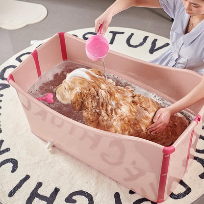 Minandhua Portable Dog Bathtub for Large Dogs - 48.4Gal Foldable Pet Wash Station with Drain Plug, Insulated & Non-Slip Design for Indoor/Outdoor Bathing, Grooming, Camping（Pink）