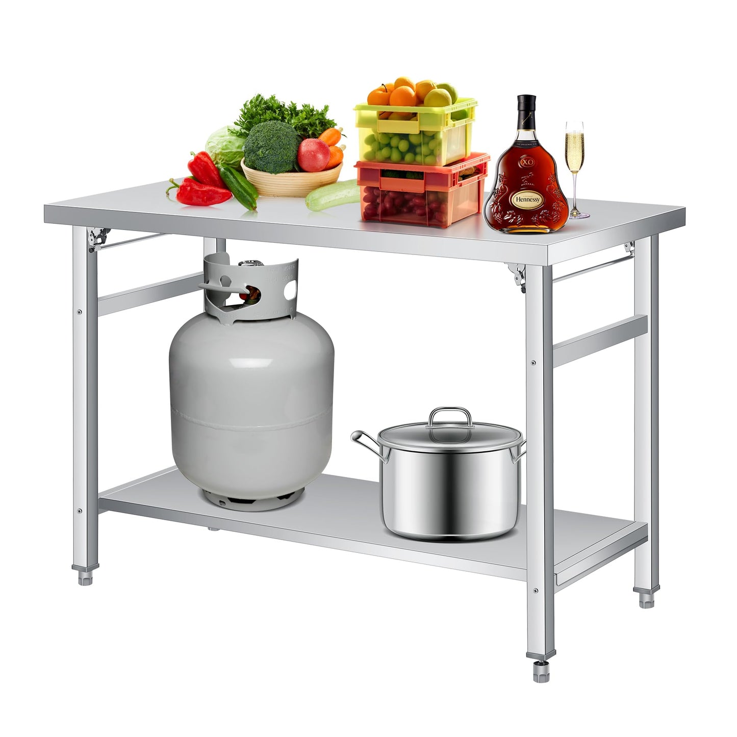 GlowSol Foldable Stainless Steel Table, 48 Inch Folding Commercial Prep Table with Undershelf, 24" Wide Double Tier Portable Workstation, 920LBS for Kitchen Workshop Restaurant Garage