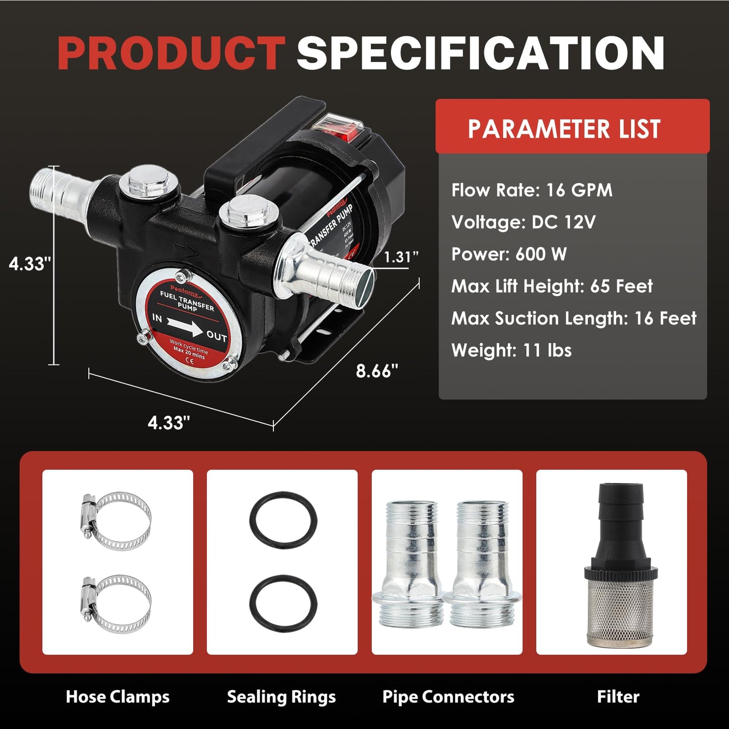Poafamx 12V DC Fuel Transfer Pump, 16 GPM 600W Self Priming Diesel Transfer Pump, Portable Electric Oil Extractor Pump with High Flow Rate Auto Motor for Diesel Oil