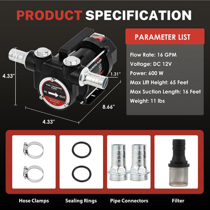 Poafamx 12V DC Fuel Transfer Pump, 16 GPM 600W Self Priming Diesel Transfer Pump, Portable Electric Oil Extractor Pump with High Flow Rate Auto Motor for Diesel Oil