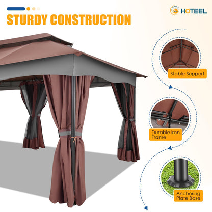 HOTEEL Gazebo 12x20, Outdoor Gazebo on Clearance with Double Ventilated Arc Roof, Privacy Curtains & Mosquito Netting, Easy Set up Canopy Tent with Stable Metal Frame for Patio Gazebo, Brown
