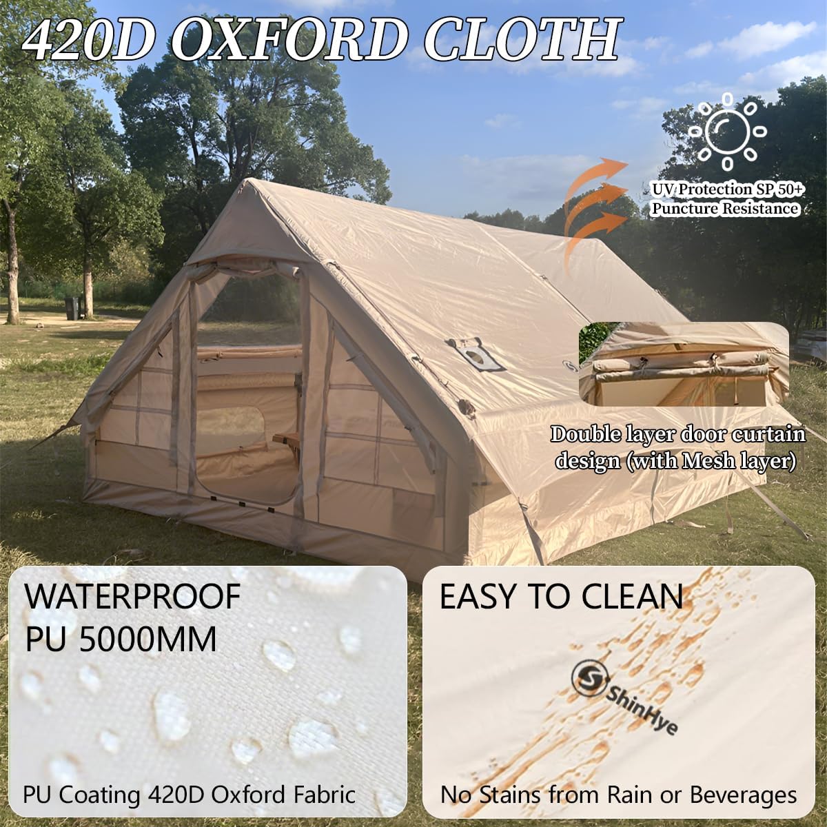 Inflatable Tent for Camping Large Blow Up Tent Glamping Tent 4-8 Person House, Easy Set up Waterproof Outdoor Oxford Tents, 4 Season Air Tents with Pump (130 sq ft Beige Air Tent)