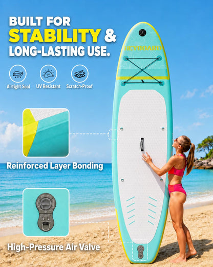 HEYBOARD Inflatable Stand Up Paddle Board 10'6"×32"×6" Standup Paddleboard with Premium SUP Accessories & Backpack, Non-Slip Deck, Waterproof Bag, Leash, Paddle, Hand Pump, Mint Green