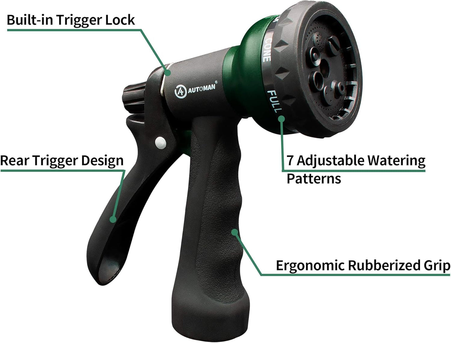 AUTOMAN Garden Hose Nozzle - 7 Adjustable Watering Patterns, Slip Resistant for Easy Use | Ideal for Plants, Lawn & Pets