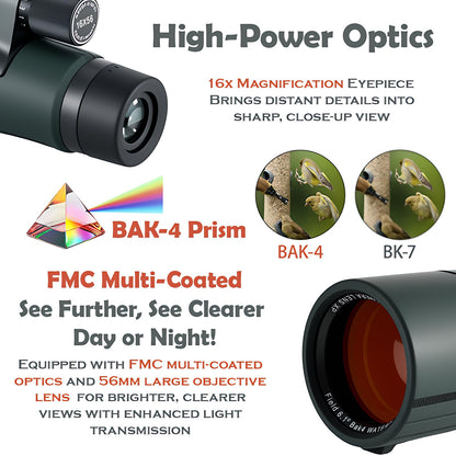 16x56 High Powered Monoculars for Adults – HD BAK4 FMC Long-Range Monocular Telescope, IPX7 Waterproof with Smartphone Adapter & Tripod for Bird Watching, Hunting, Hiking & Camping, Gift Set
