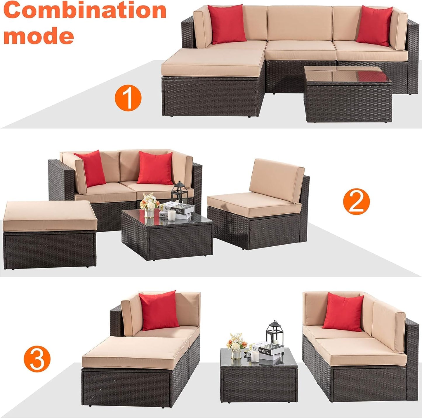 Vongrasig 6 Piece Patio Furniture Set with Fire Pit Table, Outdoor Conversation Sets Rattan Sectional Sofa with Coffee Table, 43 inch Propane Gas Firepit Table with Lid, Beige