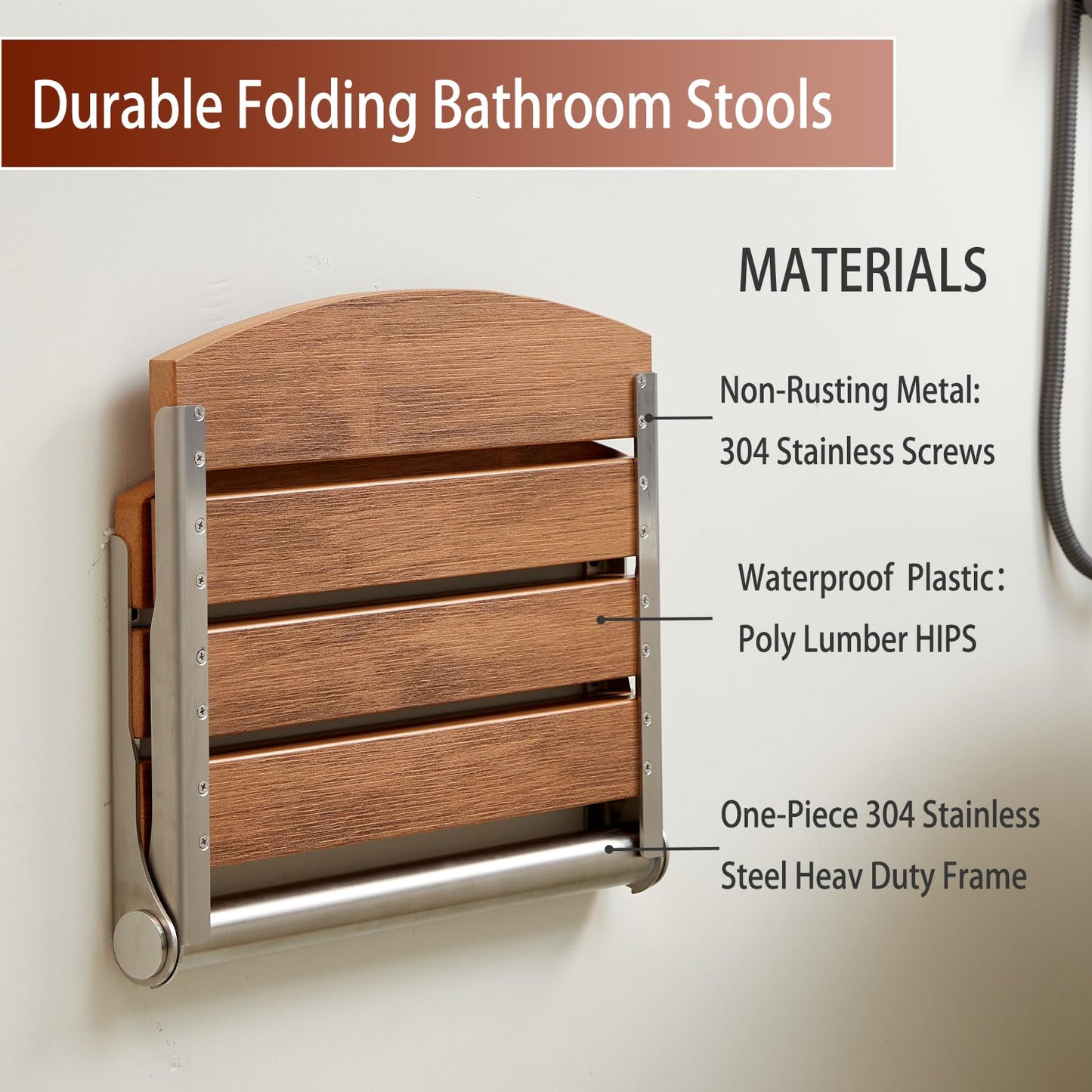 17.5" Folding Shower Seat Wall Mounted,Foldable Shower Bench,Fold Down Shower Seat,Folding Shower Seat Bench,Wall Mount Shower Seat Bench Chair (Teak)