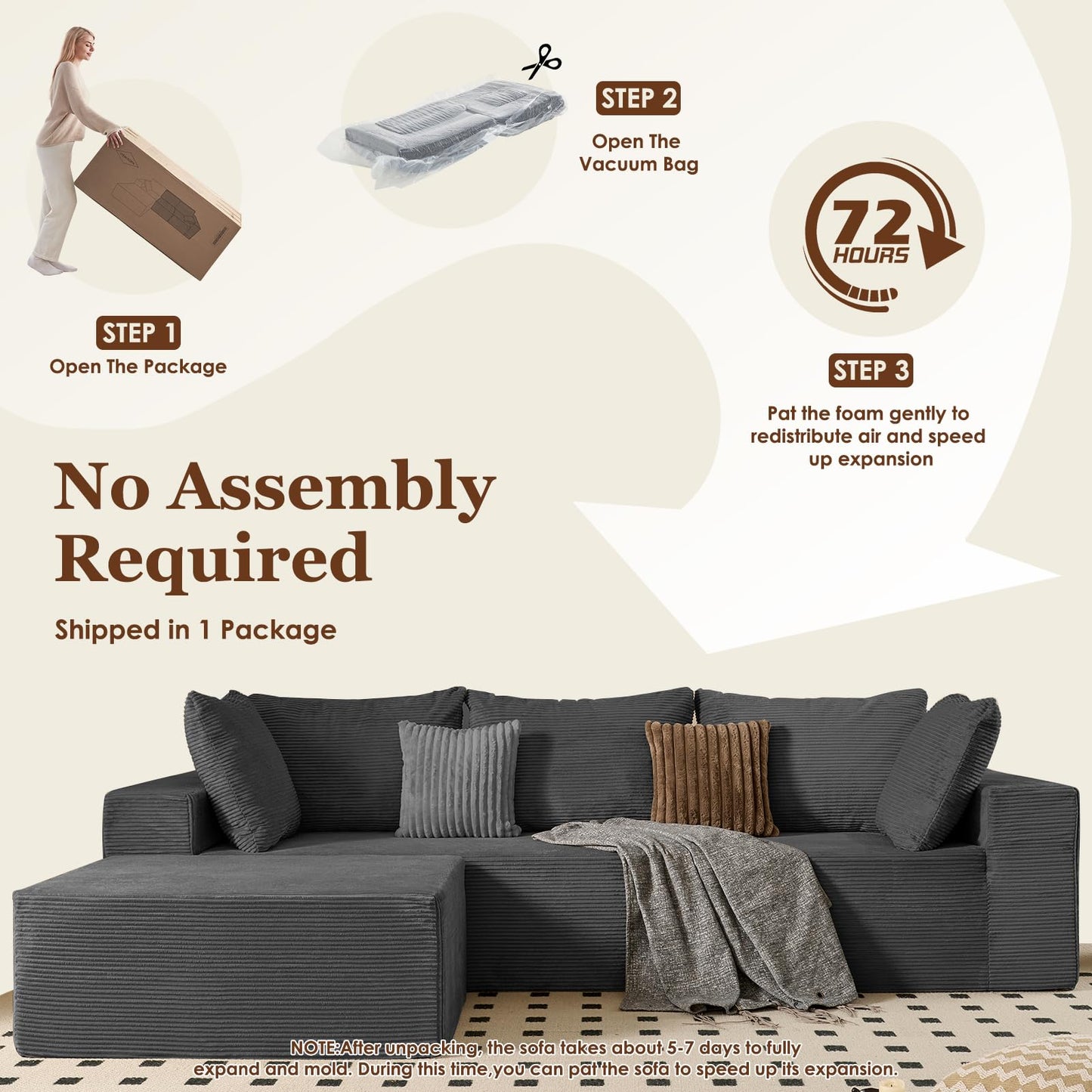 INGEROOM 108" Cloud Sectional Couch with L-Shape Chaise, Modular Sofa Memory Foam, Boneless Sofa with Movable Ottoman, Upholstered Couches for Living Room Bedroom, No Assembly Required, Dark Gray