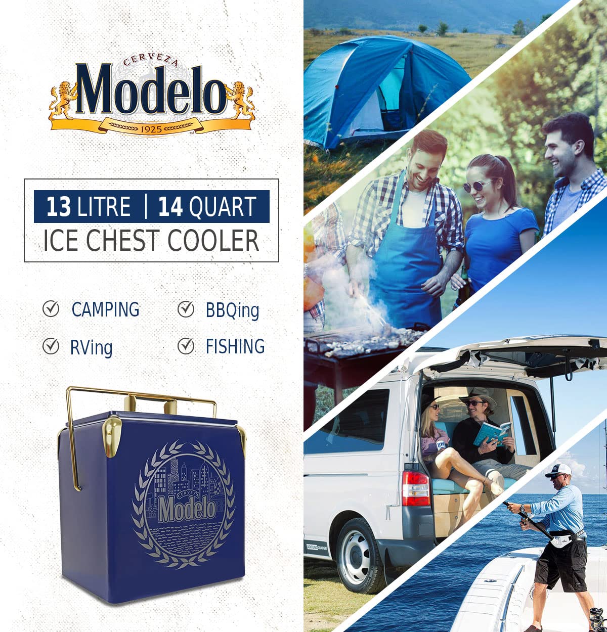 Modelo Retro Ice Chest Cooler with Bottle Opener 13L (14 qt), 18 Can Capacity, Blue and Gold, Vintage Style Ice Bucket for Camping, Beach, Picnic, RV, BBQs, Tailgating, Fishing