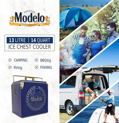 Modelo Retro Ice Chest Cooler with Bottle Opener 13L (14 qt), 18 Can Capacity, Blue and Gold, Vintage Style Ice Bucket for Camping, Beach, Picnic, RV, BBQs, Tailgating, Fishing